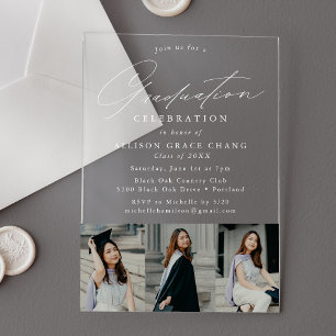 Elegant White Script 3 Photo Graduation Party Acrylic Invitations