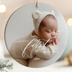 Elegant White Script Baby's First Christmas Photo  Ceramic Ornament