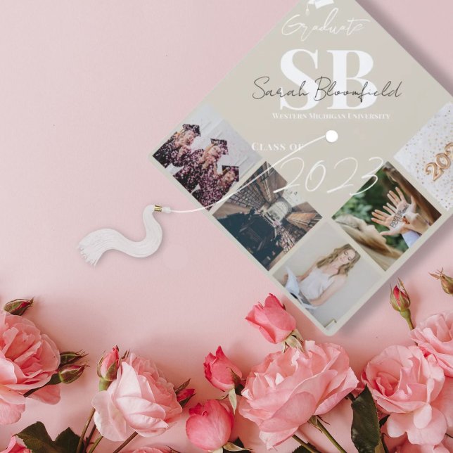 Elegant White Script | Beige Background Photo Graduation Cap Topper (Creator Uploaded)