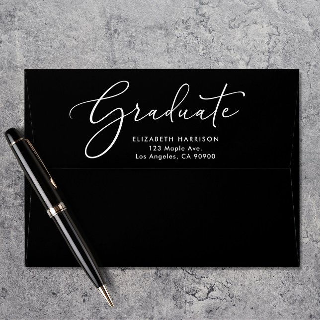 Elegant White Script Black Graduation Envelope (Creator Uploaded)