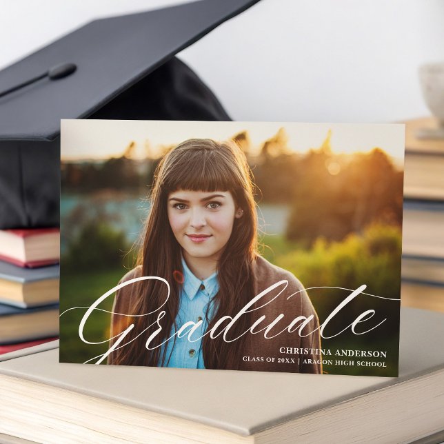 Elegant White Script Calligraphy Graduation Photo Announcement (Creator Uploaded)
