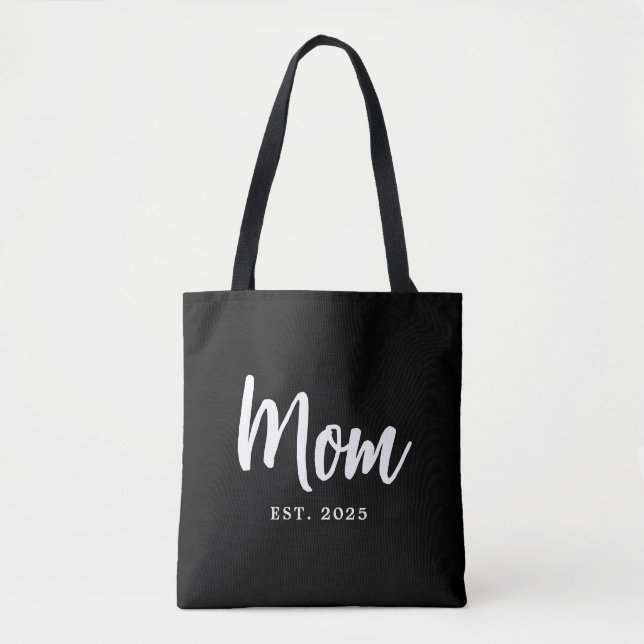 Elegant White Script Established New Mom Tote Bag (Front)