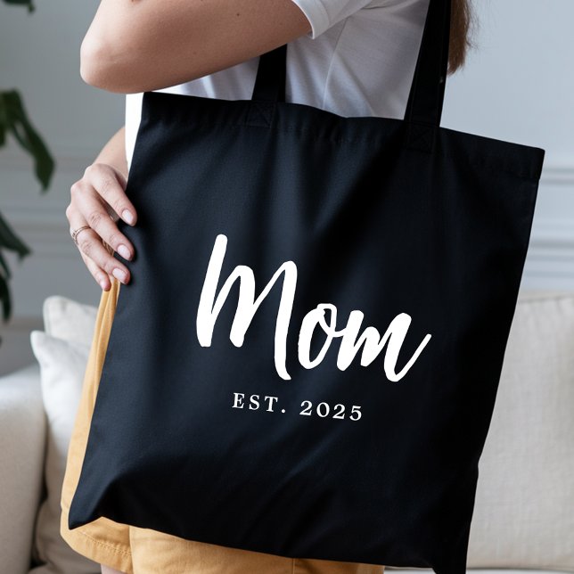 Elegant White Script Established New Mom Tote Bag (Elegant White Script Established Date New Mom Black Tote Bag)