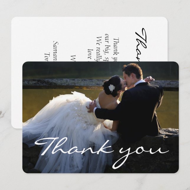 Elegant White Script Font Wedding Photo Thank You Card (Front/Back)