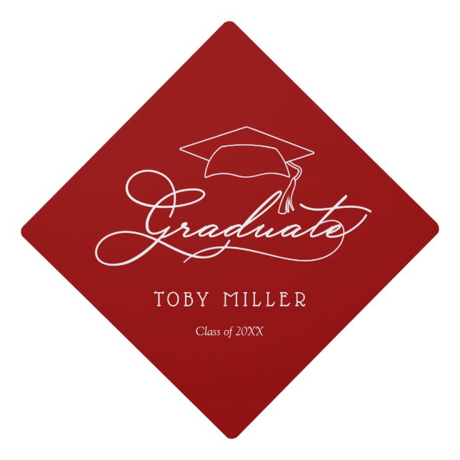 Elegant White Script Graduate Cardinal Red Graduation Cap Topper (Front)