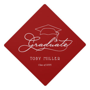 Elegant White Script Graduate Dark Red Graduation Cap Topper
