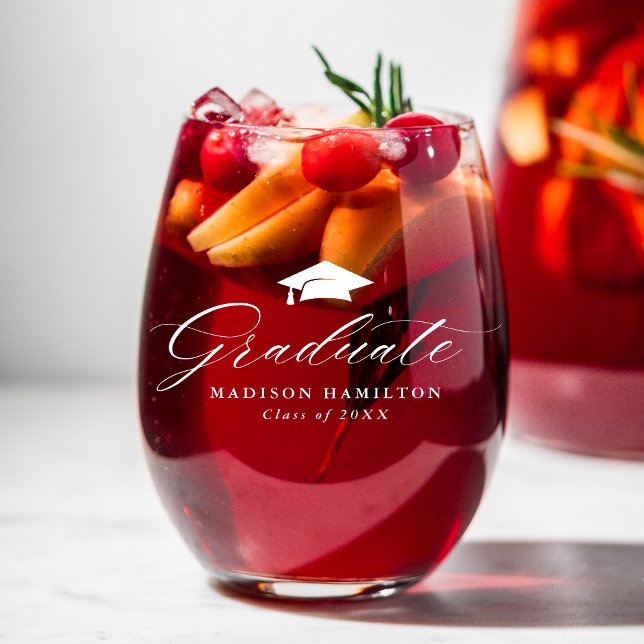 Elegant White Script Graduate Name & Year Stemless Wine Glass (Creator Uploaded)