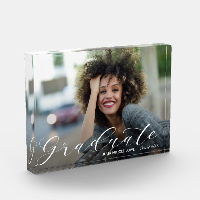 Elegant White Script Graduation Modern Photo Block (Left)