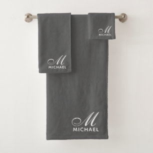 Elegant White Script Initial Monogram Grey Bath Towel Set