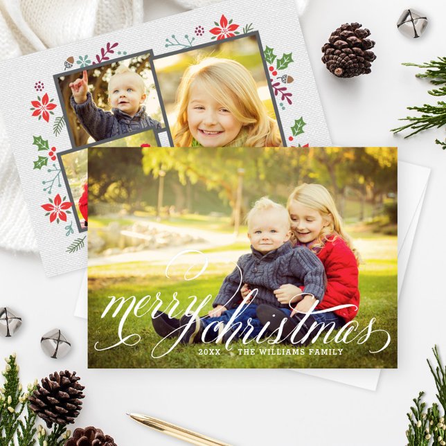Elegant White Script Merry Christmas Photo Holiday Card (Creator Uploaded)