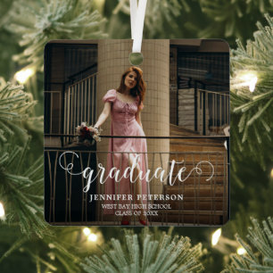 Elegant White Script Modern Photo Graduation Metal Ornament