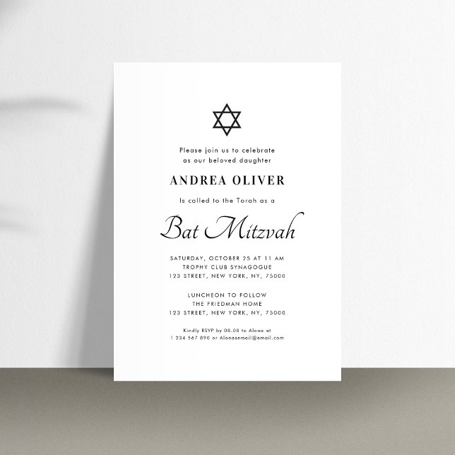 Elegant White Script Modern Simple Bat Mitzvah  Invitation (Creator Uploaded)