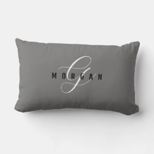 Elegant White Script Monogram & Black Name, Grey L Lumbar Pillow