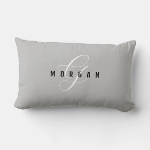 Elegant White Script Monogram & Black Name Lt Grey Lumbar Pillow