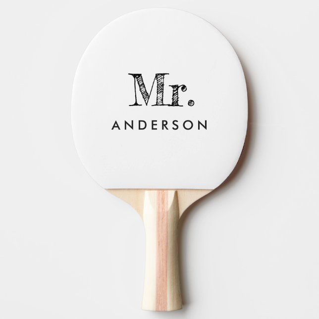 Elegant White Script Mr Ping Pong Paddle (Front)