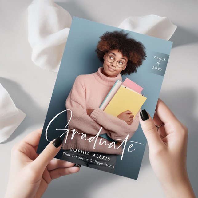 Elegant White Script Overlay Two Photo Graduation Announcement (Creator Uploaded)