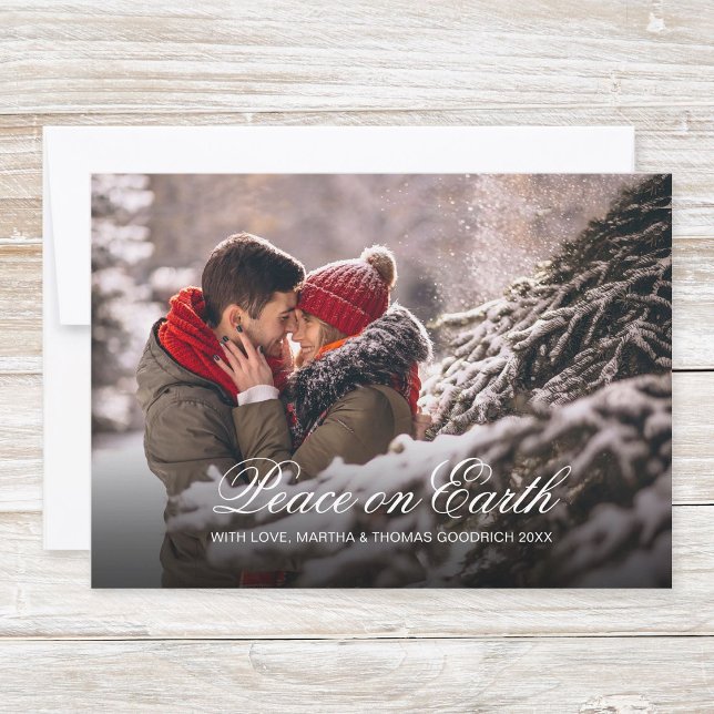 Elegant White Script Peace On Earth Gradient Photo Holiday Card (Simple, classy christmas photo card "Peace on Earth" with elegant, festive white script typography.)