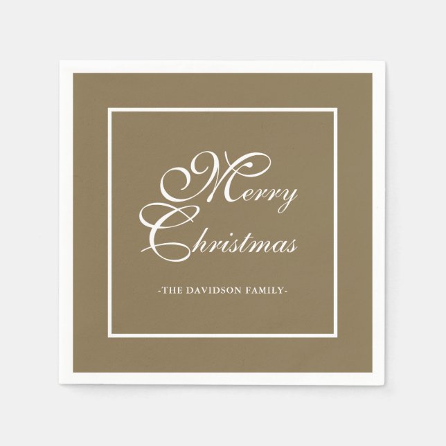 Elegant White Script Personalized Gold Christmas Napkin (Front)