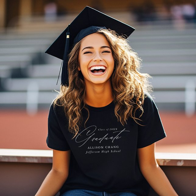 Elegant White Script Personalized Graduation T-Shirt (Creator Uploaded)