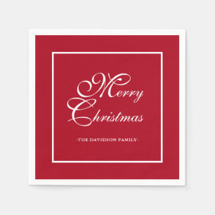 Elegant White Script Personalized Red Christmas Napkin