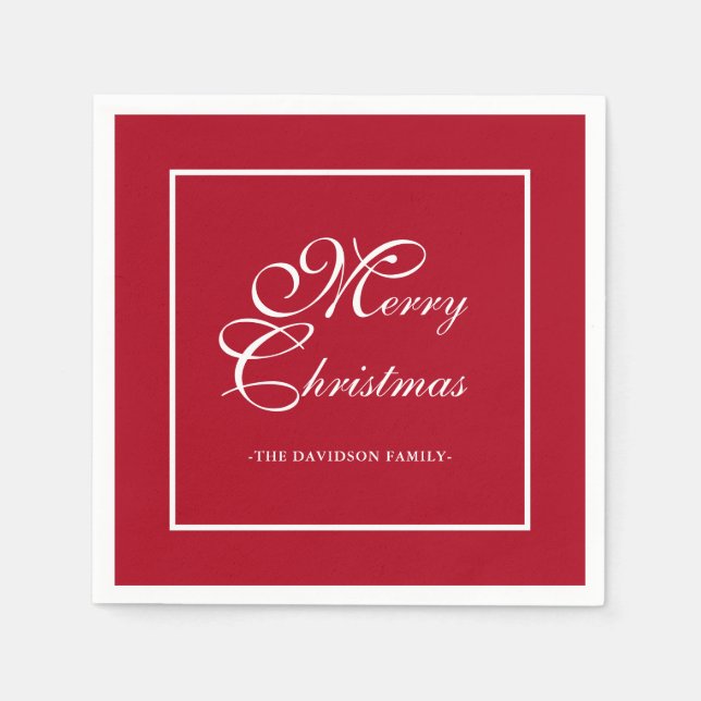 Elegant White Script Personalized Red Christmas Napkin (Front)