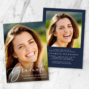 Elegant White Script Photo Blue Graduation Party Invitation