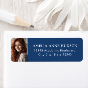 Elegant White Script Photo Blue Return Address