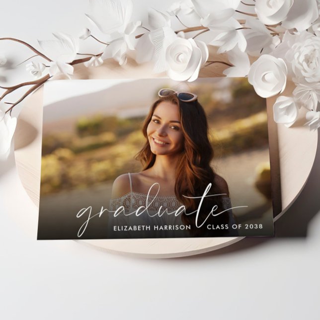 Elegant White Script Photo Graduation Party Invitation (Cherish the milestone: share your graduate's achievement with a custom photo graduation invitation)