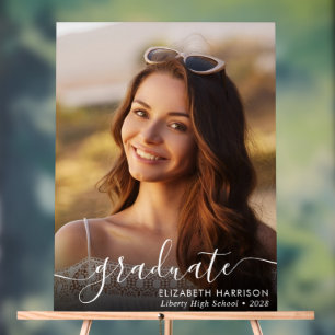 Elegant White Script Photo Overlay Graduation Acrylic Sign