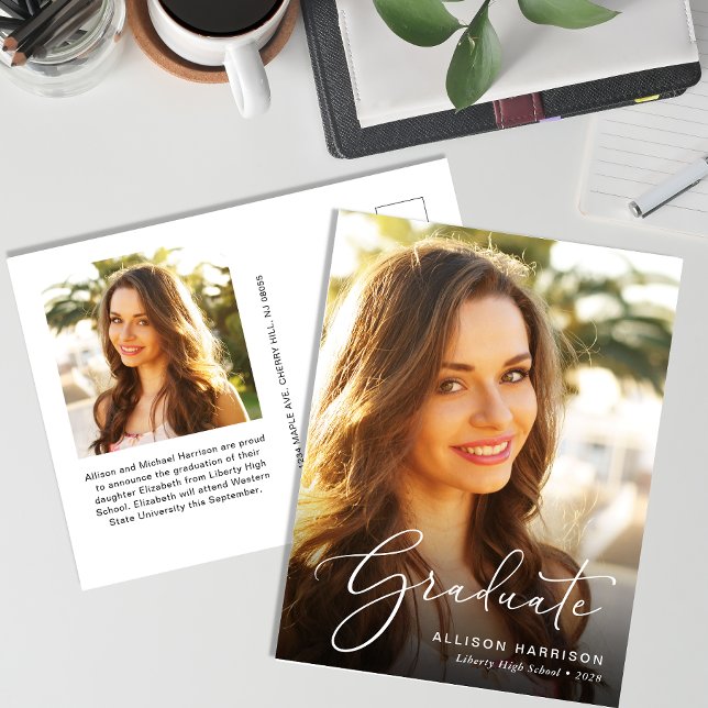 Elegant White Script Photo Overlay Graduation Announcement Postcard (Creator Uploaded)