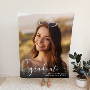 Elegant White Script Photo Overlay Graduation Fleece Blanket