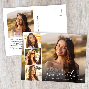 Elegant White Script Photo Strip Graduation Announcement Postcard
