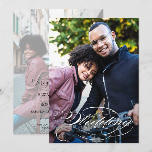 Elegant White Script Photo Wedding Save The Date (Front/Back)