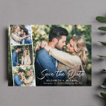Elegant White Script Photo Wedding Save the Date Announcement Postcard<br><div class="desc">Chic save the date announcement postcard that features your engagement photo overlayed with a strip of three smaller square photos and "Save the Date" in a stylish white script. Add your first names, wedding date and location in simple modern white typography. On the reverse side, personalize your save the date...</div>