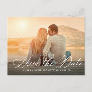 Elegant White Script Photo Wedding Save the Date Announcement Postcard