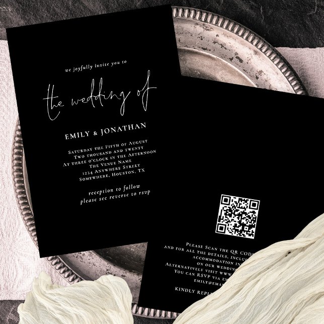 Elegant White Script QR Code Black Wedding Invitation (Creator Uploaded)