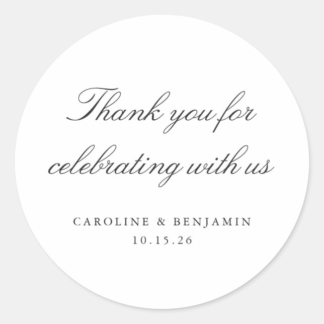 Elegant White Script Wedding Custom Thank You Classic Round Sticker (Front)