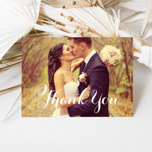 Elegant White Script Wedding Photo Thank You Card