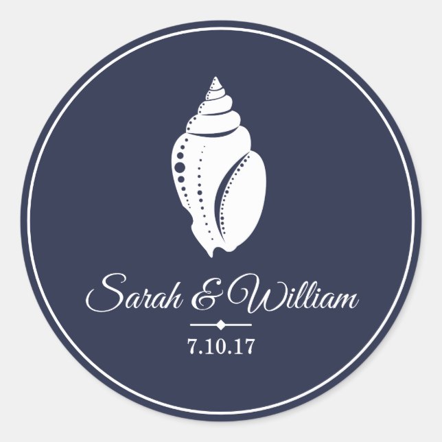 Elegant White Seashell & Navy Blue | Personalized Classic Round Sticker (Front)