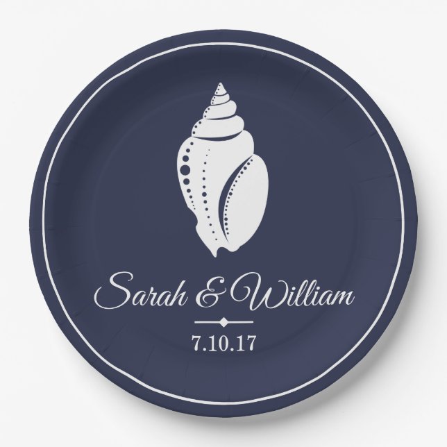 Elegant White Seashell & Navy Blue | Personalized Paper Plate (Front)