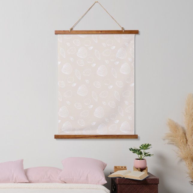 Elegant White Seashells Beige Pattern Hanging Tapestry (Bedroom)