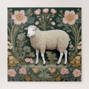 Elegant White Sheep William Morris Inspired Jigsaw Puzzle