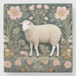 Elegant White Sheep William Morris Inspired Stone Coaster