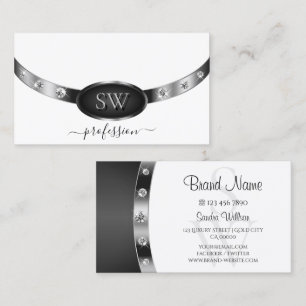 Elegant White Silver Black with Initials Diamonds  Business Card