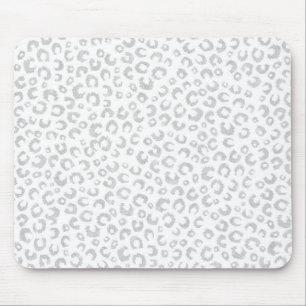 Elegant White Silver Glitter Leopard Animal Print Mouse Pad