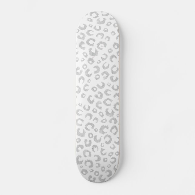 Elegant White Silver Glitter Leopard Animal Print Skateboard (Front)