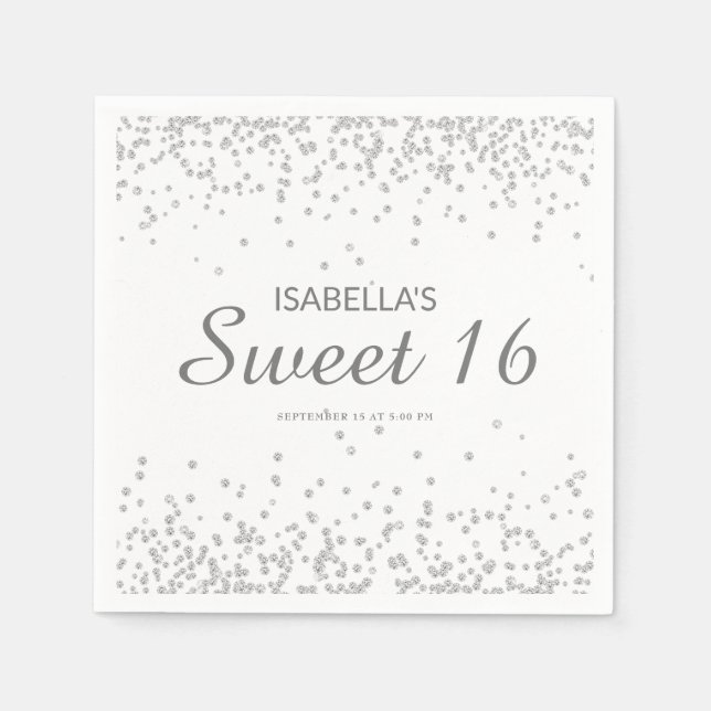 Elegant White Silver Glitter Sweet 16 Name Napkin (Front)