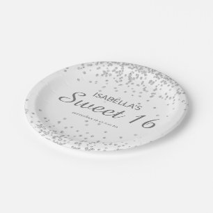 Elegant White Silver Glitter Sweet 16 Name Paper Plate