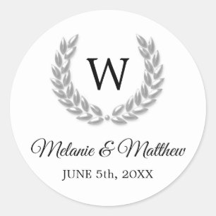 Elegant White & Silver Laurel Monogram Wedding Classic Round Sticker