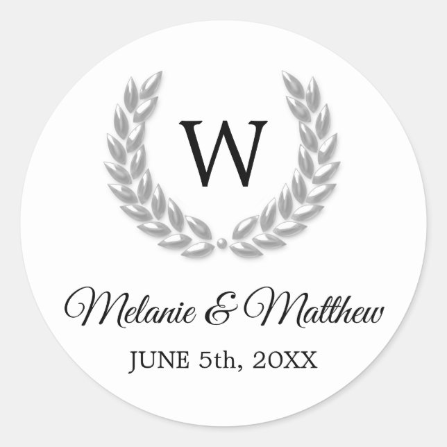 Elegant White & Silver Laurel Monogram Wedding Classic Round Sticker (Front)